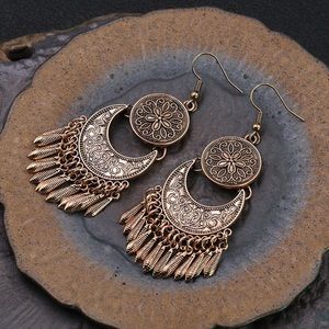 Tribal Copper Dangle Earrings, Boho Floral Carved Drop Earrings